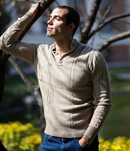 Men's 100% Cashmere Sweater, Cable-Knit Pattern, Hand-Knitted, Buttoned Neck, 26/2 4 PLY Mongolian Yarn, Beige © Moksha Cashmere
