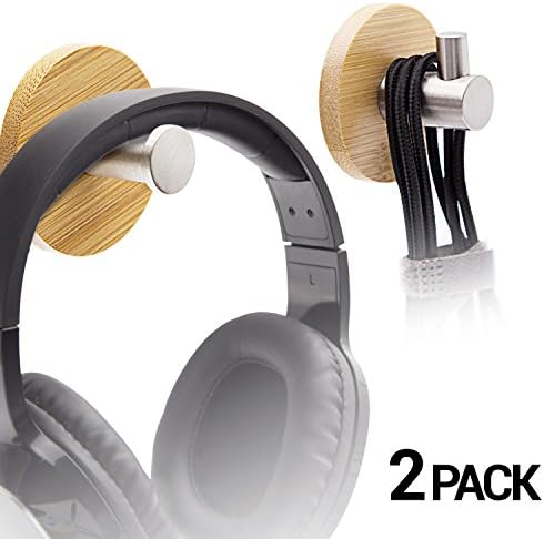 LEAPCOVER Wooden By-Desk Headphone Stand - Adhesive Data Cable Hooks - Headset Stick-on Holder with Sticky Pad for Home and Office