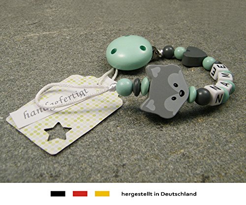 Baby SCHNULLERKETTE mit NAMEN | Schnullerhalter mit Wunschnamen – Mädchen & Jungen Motiv Fuchs und Herz in grau - 3