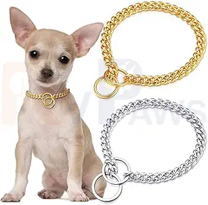 RvPaws 2 Pieces Metal Dog Collar Gold (Brass) and Silver (Metal) Chain Small Link Dog Training Collar for Medium Dogs (Length 24 Inch)