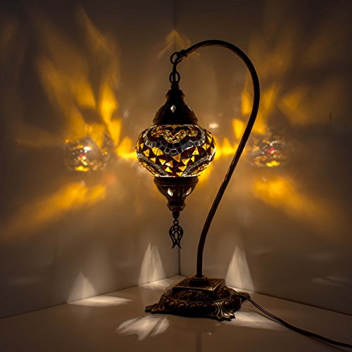 Preisvergleich Produktbild Mosaik Lampe – Türkisch Mosaik & Schreibtisch Lampe, atemberaubende, Einzigartige Globe Lampenschirm, marokkanischer Stil, Schwanenhals Serie Schwarz / Gelb
