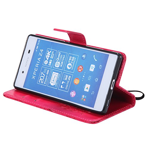 Sony Xperia Z4 Hülle,Sony Xperia Z4 Leder Sonnenblumen Hülle,Sony Xperia Z4 Lanyard Wallet Schutzhülle,BONROY® Retro geprägte Sonnenblumen Muster PU Leder Flip Hülle Wallet Case Tasche Cover Handytasche Schutzhülle Lederhülle Handyhülle in Book Style Stand Case mit Kredit Kartenschlitz für Sony Xperia Z4-rot - 5