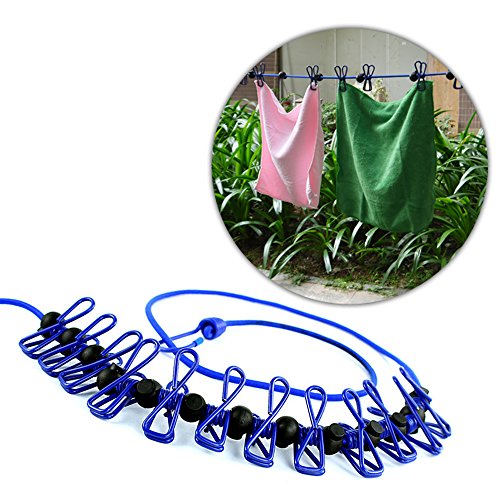 Portátil Tendedero Elástica Cuerda de Ropa Colgar con 12 Clips 185CM Ajustable Retráctil Antideslizante a Prueba de Viento Tendedero para Secado de Viaje Página Interior Al Aire Libre