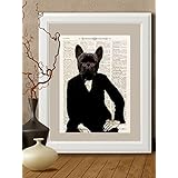 Kunstdrucke, Hund, Bulldogge auf Antike Buchseite,#BUL07