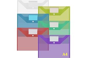 TOOWOOD 6pcs Reusable MultiColor Clear Waterproof Snap Closure Plastic A4 File Folders Filing Envelopes with Label Pocket, Plastic Envelopes File Bag, Document Organizing Pouches For School Travel Office Home