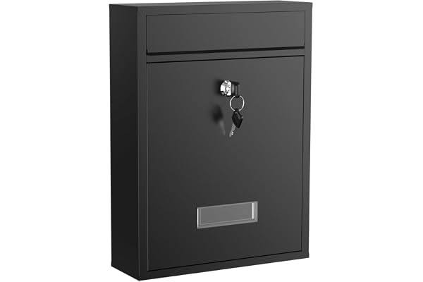 Wiltec Boîte aux lettres murale verrouillable V10 noire pour courrier, 260 x 90 x 350 mm, Revêtement par poudre, Fente 24 x 4 cm, avec porte-nom