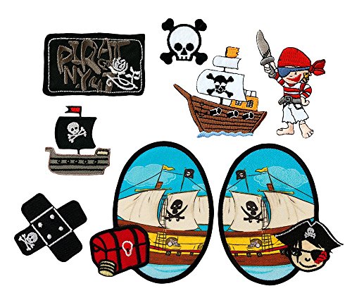 Mono-Quick 309 Aufbügelbilder Piraten, 8-er teilig, Piratenmotive, Polyester, Stickerei, 3.0 x 3.5 cm bis 7.0 x 10.0 cm