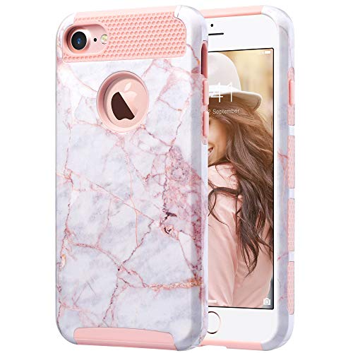 Ulakcases ULAK Funda iPhone 8, Slim híbrido de Doble Capa Resistente a los Arañazos Duro Cubierta Trasera Shock Absorbente TPU Parachoques Caso para Apple iPhone 8/7, Mármol Oro Rosa