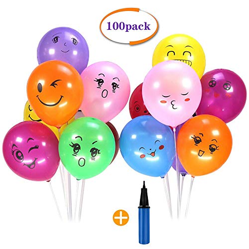 100pcs Smiley Balloon Colorati Emoji Emoticon Palloncini Lattice Colorati + 1 Pompa a Palloncino per Compleanni Festa per Bambini,Natale,Party, Matrimoni, Nozze Decorazione Regalini Fine