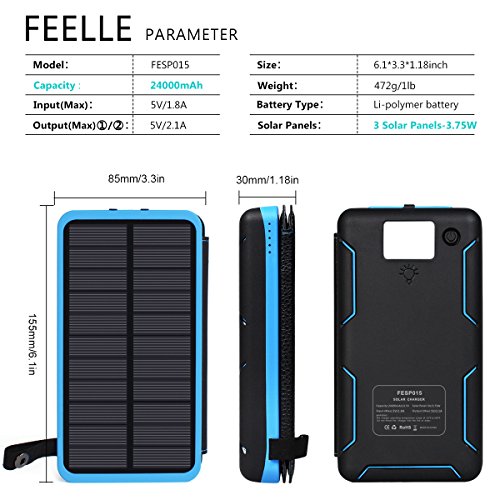 FEELLE Caricabatterie Solare 24000mAh, Power Bank con 3 Pannelli Solare Portatile Batteria Pack impermeabile 2 Porte USB per iPhone 6S 6 Plus 5S, iPad Air, Samsung Galaxy,Huawei, Nexus, HTC
