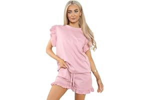 HUBIBUBI Ladies Frill Peplum Short and Top Set Stylish Comfortable Perfect Summer Co-Ord 2 Piece Longwear Tracksuit Ladies Shorts 2PCS Co ord Set Tracksuit UK