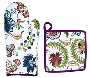 Miyanbazaz Textiles Cotton Heat Proof Microwave Oven Mitt + Pot Holder Set