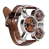 Exhibición militar deportivo cuarzo reloj reloj de pulsera cuero café correa de 3 hombres veces