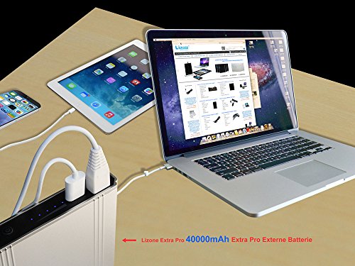 Lizone® Extra Pro Super Kapazität 40000mAh tragbar Externer Akku Batterie Power Bank Ladegerät mit Notizbuch, Laptop Apple MacBook Air , MacBook Pro , MacBook , Powerbook und iBook ; HP Compaq Pavilion , Mini, ElifeBook , ProBook , Presario , Neid und G; IBM Lenovo ThinkPad und IdeaPad; USB-Port für iPad Air, iPad Mini, iPad und iPhone ; Samsung Galaxy Nexus , MOTO , G, LG , HTC und Mehr -Aluminium Körper als Original MacBook Körper (nicht Kunststoff ) – 18 Monate Garantie (40000mAh Silber) - 5