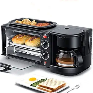 JENY 3 in 1 Breakfast Machine With Coffee Maker Mini Oven NonStick Grill Toaster Oven Portable Multifunctional Family Size Breakfast Station Electric Grilled Machine Frying Pan for Home Office