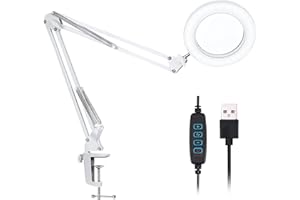 Ricyea Lampa LED z lupą, 5 x lampa z lupą ze stojakiem, lupa do czytania, 3 tryby kolorów, 10 poziomów jasności, ściemniana, lampa biurkowa do czytania, seniorów, hobby, majsterkowania (biała)