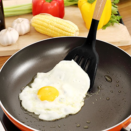 Miusco 5 Stück Silikon Kochlöffelset mit Hartholz Griff aus Natürlichem Akazienholz Schwarz - 5