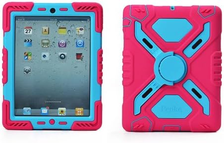 Hot Newest Ipad 2/3/4 Case Silicone Plastic Kid Proof Extreme Duty Dual Protective Back Cover with Kickstand and Sticker for Ipad 4/3/2 - Rainproof Sandproof Dust-proof Shockproof (Pink/Blue)
