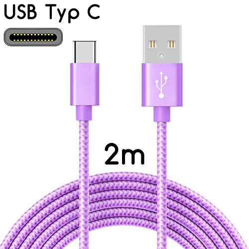 TheSmartGuard USB-C LadegerÃ¤t / 2in1 Ladeset / USB-Typ-C Ladekabel mit Netzteil / Netzstecker fÃ¼r S9, S9+, S8, A8, A8+, Note 8, Sony XZ, XA1, XZ1, HTC 10, U11, Huawei P10 und viele mehr | Nylon | Lila | 2 Meter / 2m