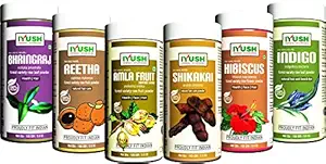 IYUSH Herbal Ayurveda Amla Reetha Shikakai Bhringraj Hibiscus and Indigo Powder - (pack of 6, Total 600gm) 100gm each