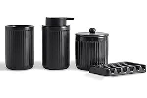 Agyiuns Badezimmer Set,Bad Zubehör Keramik 4,Enthält 330 ml Flüssigseifenspender, Zahnputzbecher, Seifenschale, Wattestäbchenhalter,Geeignet für Bäder, Waschbecken(Schwarz, Flüssigseifenspender)