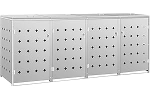 Emmtore Edelstahl Mülltonnenbox, 4 Tonnen*240L, Silber, Garten, Praktische Tür mit Verriegelungssystem, Wasserfest, 276 x 77,5 x 115 cm (B x T x H), 40 kg max.