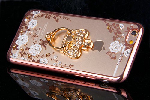 iPhone 6S Plus Hülle,iPhone 6 Plus Hülle,ikasus® TPU Silikon Hülle Schutz Handy Hülle Case Tasche Etui Bumper Crystal Case Hülle für Apple iPhone 6S / 6 Plus (5,5 Zoll) [Phone Ständer Holder] Durchsichtig mit Glänzend Glitzer Kristall Strass Diamanten Blumen Muster Überzug Plating Bumper Stoßdämpfend Transparent TPU Silikon Schutz Crystal Durchsichtig Schutzhülle Handyhülle Schale Etui Protective Case Cover – Rose Gold Weiße Blumen mit Strass-Steinen Krone Ring-Ständer - 3