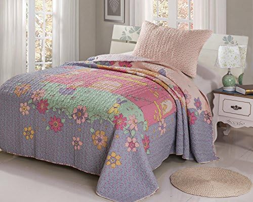 100% Cotton Children Printed Quilt Set (Twin) -with 1 Sham Machine Washable Bedspread Coverlet (TWIN：70"X95", GIRL：Pink)