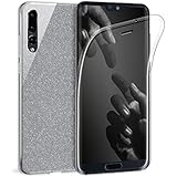 Zhinkarts Handy Hülle für Huawei P20 Pro - Full Body 360 Grad TPU Silikon Crystal Case - Komplett Schutzhülle Cover in Silber Clear/Rückseite Glitzer