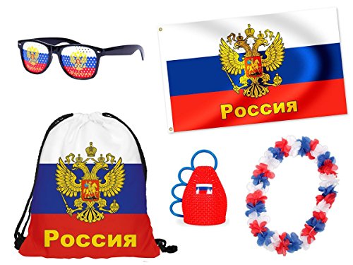 EM Fanpaket Russland Fanartikel 5 tlg. Fussball Fanset Flagge Caxirola Brille von Alsino FP-25