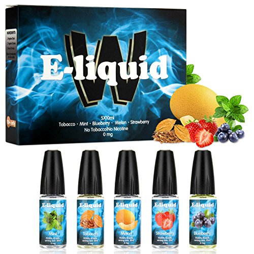 Wotek 5 X 10 ml E-líquido para Cigarrillo Electrónico Líquido E Cigarrillo sin Nicotina o Tabaco con 50% VG 50% Gusto Mixto (Tabaco, Menta, Arándano, Melón, Fresa)
