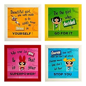 Indianara Set of 4 Girl Kids Motivational Quotes Paintings (2512) without glass 9.5 x 9.5 inch each