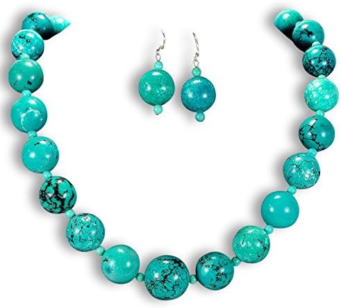 Chunky Natural Turquoise Round Beads Necklace &amp; Earrings Set Sterling Silver Gemstone Jewellery UK Gift Idea by Tantric Tokyo