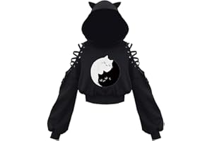 EUDOLAH Sudadera Corta Ligera Chica Mujer con Capucha Orejas De Gato y Hombros Abiertos y Cintas