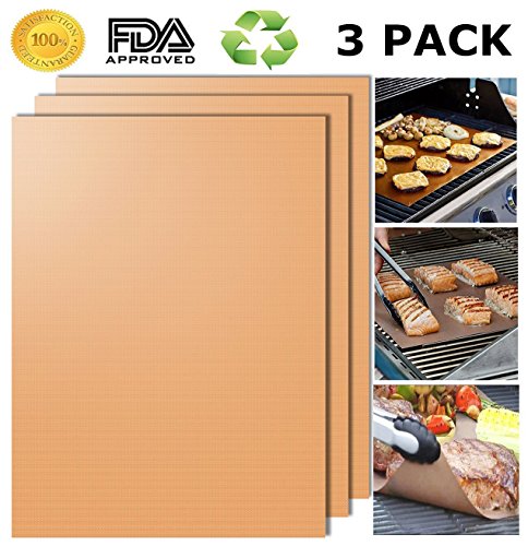 BBQ Barbecue Tapis de voyage 3 pièces Revêtement anti-adhésif Tapis, idéal pour barbecues À charbon, electrique et de gaz, et FDA LFGB Autorisation, 40 x 33 cm, Idéal pour la viande, poisson et légumes Gold-3er