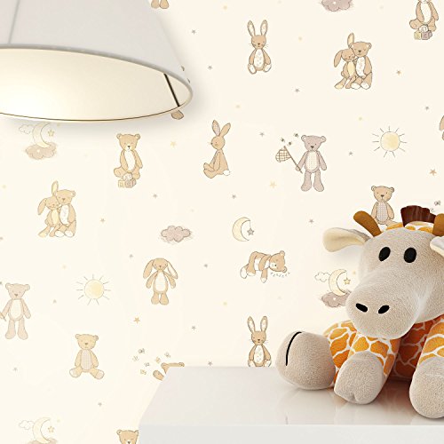 Tapete Kinderzimmer Teddy Bär Hase Sterne Mond in creme beige,schöne süße Tapete für das Babyzimmer , inklusive der Newroom Tapezier Profibroschüre mit Tipps für perfekte Wände - 2