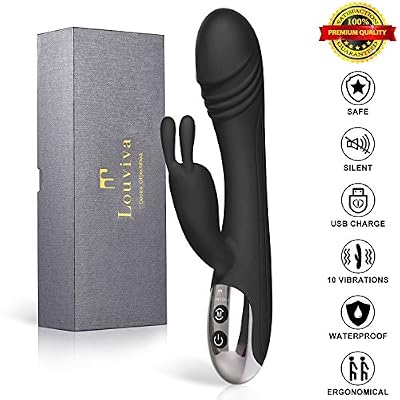 Louviva Vibromasseur rabbit vibrant USB Rechargeable 7 Frequences Silicone odeur et non-toxique 100% étanche pour les femmes (Noir)