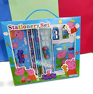 KIDOS JOY Peppuuu Pig Stationery Combo of Metal Pencil Box with Set of 3 Pencils, Scale, Eraser, Sharpener & Small Diary / School Supply Birthday Party Gifting Set for Kids ( Pack - 1)