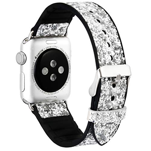 Preisvergleich Produktbild Weihnachts Pailletten Lederband mit kleinem Schraubendreher, luxuriöses Ersatzarmband, funkelndes Armband, geeignet für Party, Dating, Freizeit Für Apple Watch Serie 1 / 2 / 3 / 4 38 / 40mm (silber)