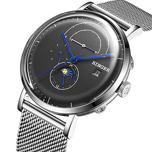 Preisvergleich Produktbild Binger Schweiz Automatische Herrenuhr mechanische Uhr männlich Saphir Japan Bewegung Edelstahlarmband mit Mondphase, vollständiger Kalender 8610M,Gray