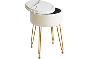 IBUYKE Taberno Redondo de reposapiés de Cuero Falso con Almacenamiento otomano, Mesa Lateral de la Silla de vanidad de Maquillaje, Asiento de la Mesa de Vestir de PU, Tapa extraíble, Blanco WBD024W