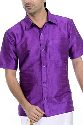 VASTRAMAYMen's Silk Blend Ethnic Shirt - Half Sleeves, South Indian Traditional Shirt for Weddings, Festivals, & Casual Wear