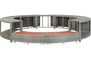 KOIECETA Whirlpool Umrandung mit Stauraum Rund Poolumrandung Poolverkleidung für Spa Grau Poly Rattan Stahlrahmen Eukalyptus-Hartholz