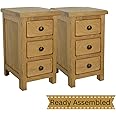 GROFurniture 2pcs Oak Bedside Tables, 3 Drawer Slim Bedside Set of 2, Wooden Oak Bedside Table, Oak End Table Nightstand, Pair of Bedside Tables, Oak Bedroom Furniture, Fully Assembled (Brown)