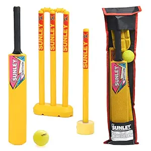 SUNLEY Plastic Cricket kit for All Age Groups and Sizes (1 Piece Cricket Bat, 4 Piece Wickets, 2 Piece Base, 2 Piece Bails, 1 Piece Wind Ball, 1 Piece Kit Bag)