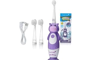 Brush-Baby WildOnes - Cepillo de dientes eléctrico recargable para niños, 1 mango, 3 cabezales, cable de carga USB, para edades 0-10 (hipopótamo)