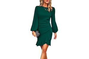 Bcenoilua Vestito Donna Manica Lunge Midi Bodycon Abito Orlo Irregolare a Volant Abito da Festa Increspato Vestiti Nero Elegante Abito da Cocktail Cerimonia Lunghezza al Ginocchio Abito