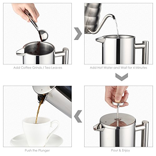 Aicok Cafetiere French Press Stainless Steel Double Wall Coffee Maker, Coffee & Espresso Filter, Tea Pot 8 Cups 1L / 34 oz