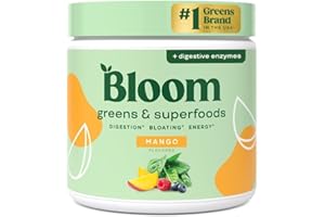 BLOOM NUTRITION Bloom Superfood Powder Women - mangue - Avec probiotiques, enzymes, spiruline, chlorella - Favorise la santé intestinale, la désintoxication et l'énergie - Anti-bloating - 25 portions - Smoothie Boost