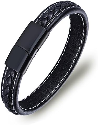 BANDPLUS Men’s Genuine Leather Bracelet Wristband Sewing by Hand, 8.5" Length Handmade Braided Rope Bracelet Cuff Bangle for Men with Black 316L Stainless Steel Magnetic Clasp